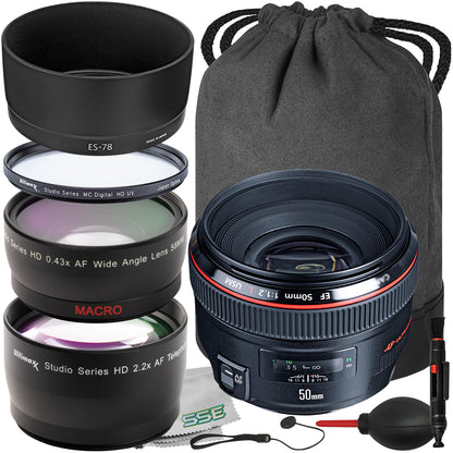 Canon EF 50mm f/1.2L USM Autofocus Lens Bundle - Includes: Protective UV Filter, 0.43x Wide-Angle Lens Attachment & More (12pc Bundle)
