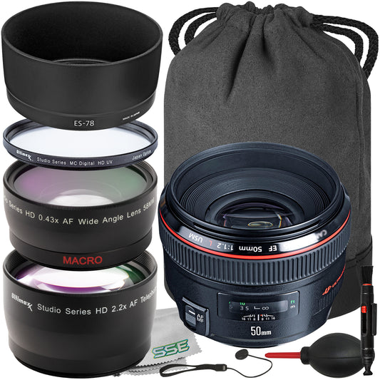 Canon EF 50mm f/1.2L USM Autofocus Lens Bundle - Includes: Protective UV Filter, 0.43x Wide-Angle Lens Attachment & More (12pc Bundle)