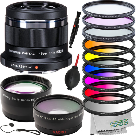 Ultimaxx Deluxe Olympus M. Zuiko Digital 45mm f/1.8 Lens Bundle (Black) - Includes: 6PC Gradual Color Filter Kit, 0.43x Wide-Angle Lens Attachment & More (19pc Bundle)
