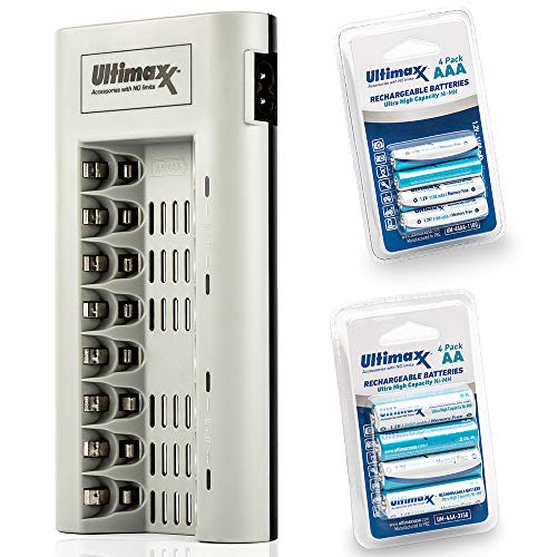 Ultimaxx Charger with Batteries ? 8 Port Battery Charger with 1x AA Batteries 3150mAh and 1x AAA Batteries 1100mAh Memory Free- Rechargeable, Ni-MH, Durable & Long-Lasting Batteries