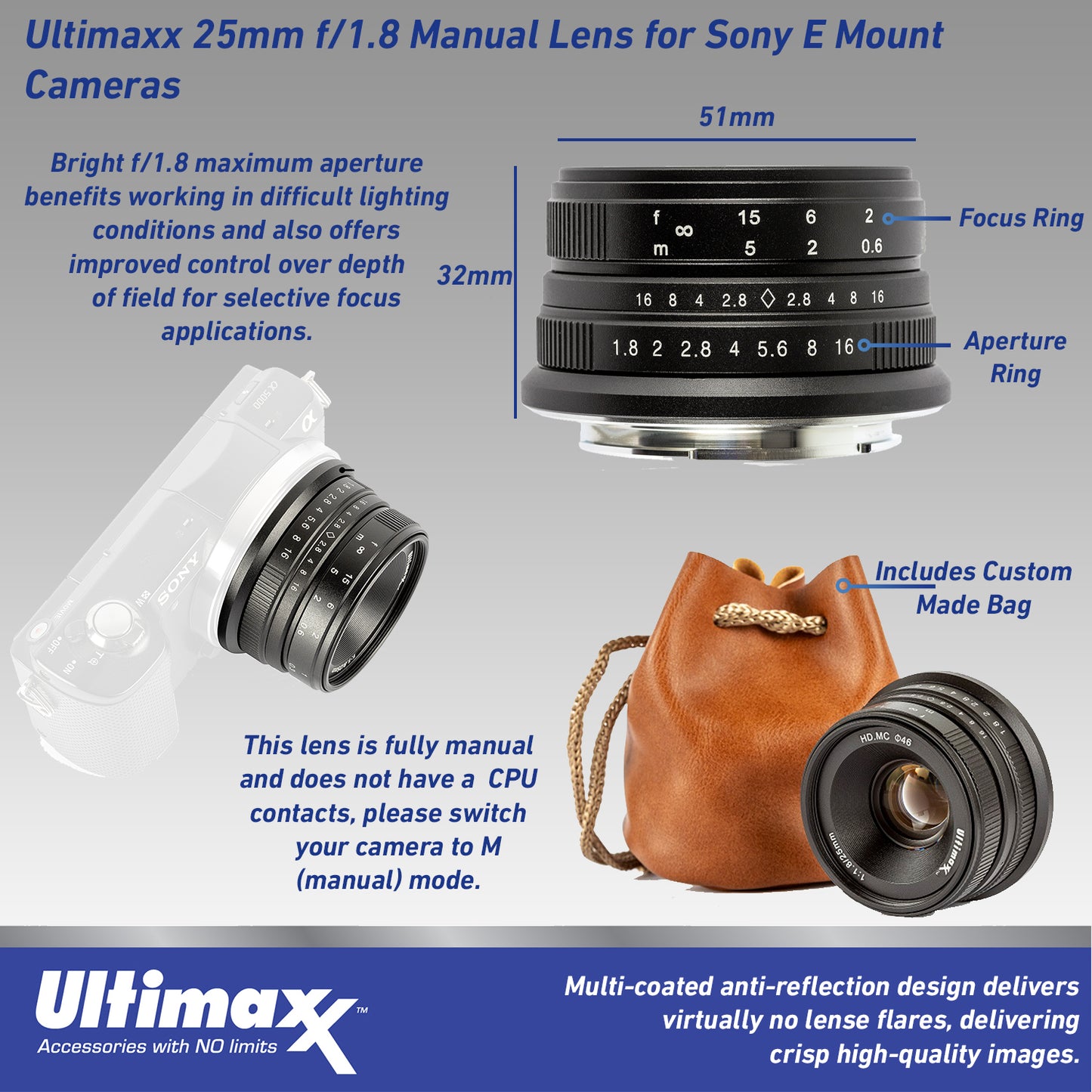 Ultimaxx 25mm f/1.8 Manual Lens for Sony E Mount (NEX)