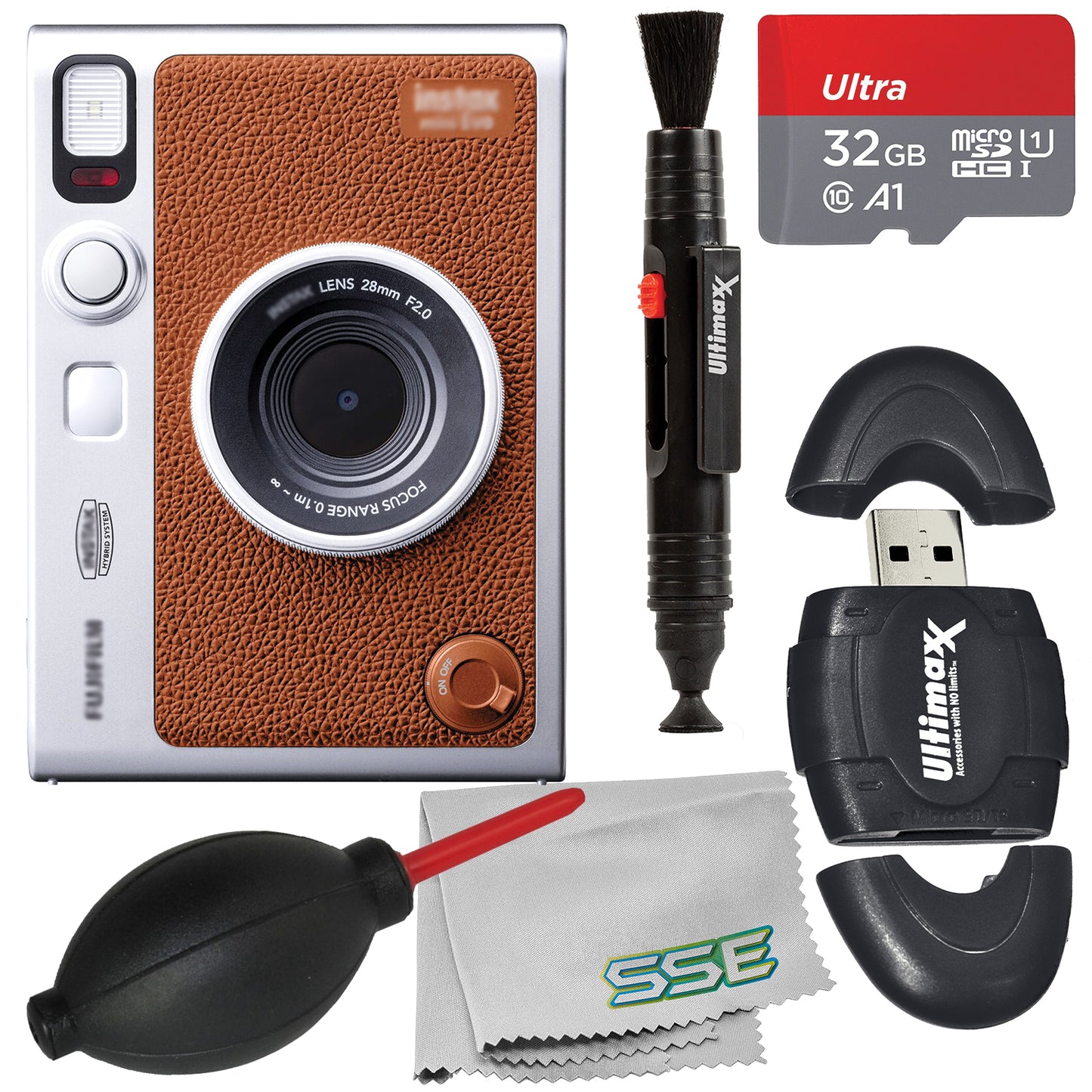 Ultimaxx Starter FUJIFILM INSTAX MINI EVO Hybrid Instant Camera Bundle (Brown): 32GB Ultra microSD Memory Card, High-Speed Memory Card Reader & More (8pc Bundle)