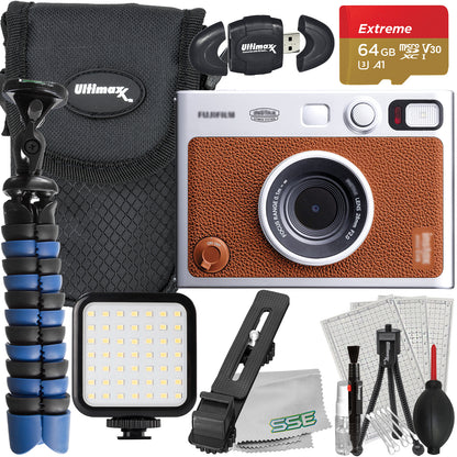 Ultimaxx Advanced FUJIFILM INSTAX MINI EVO Hybrid Instant Camera Bundle (Brown): 64GB Extreme microSD Memory Card, Mini Tripod, Ultra-Bright LED Light Kit & Much More (15pc Bundle)