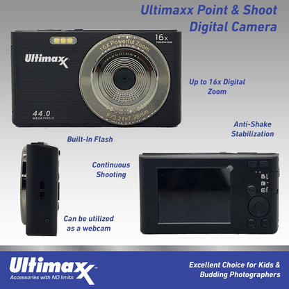 Ultimaxx Digital Camera, 44MP w/ 32GB SD Card, Case, USB Cable - Black