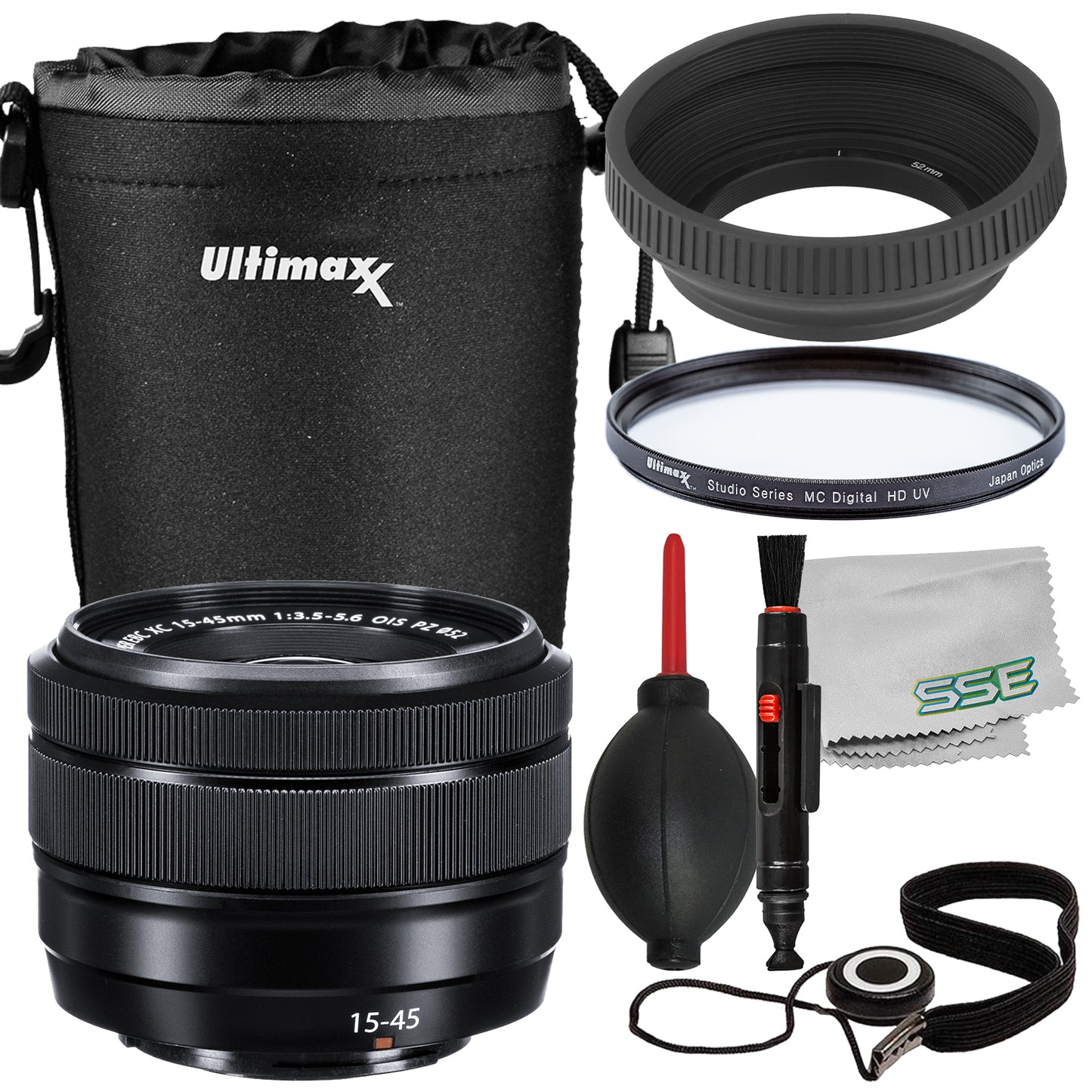 ujifilm XC 15-45mm f/3.5-5.6 OIS PZ Lens (Black) Bundle (Frustration Free Packaging) - Includes: Protective UV Filter & More (10pc Bundle)