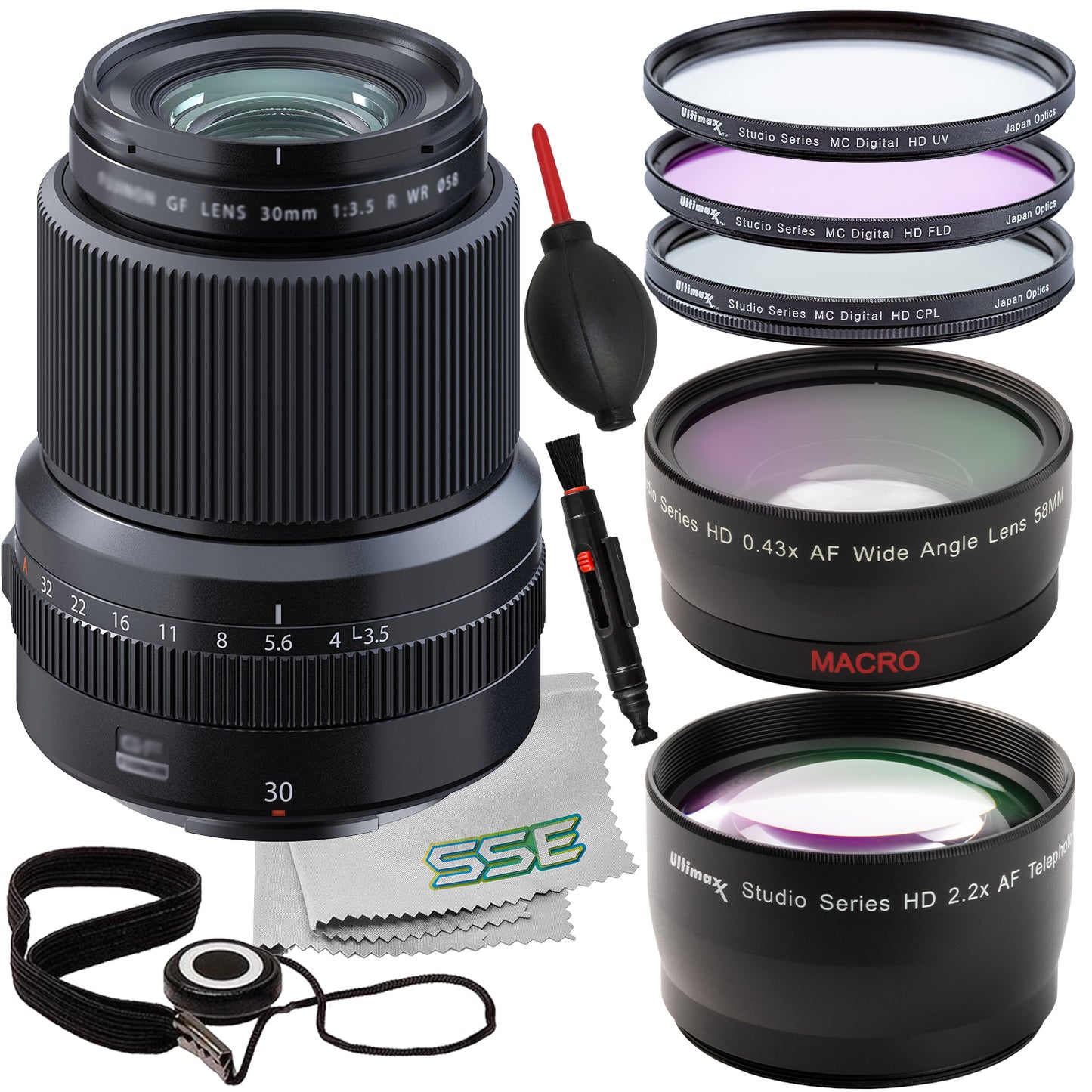 Ultimaxx Essential FUJIFILM GF 30mm f/3.5 R WR Lens Bundle - Includes: 0.43x Wide-Angle Lens Attachment with Detachable Macro & More (14pc Bundle)