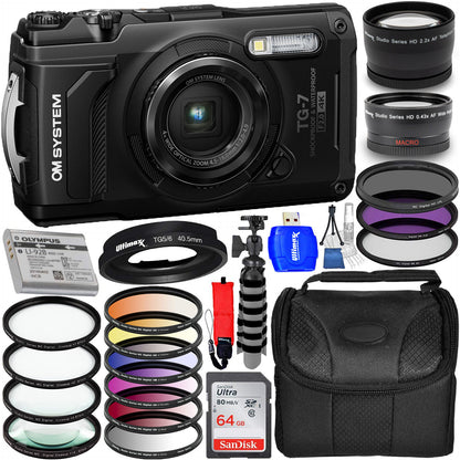 OM SYSTEM Tough TG-7 Digital Camera (Black) Bundle