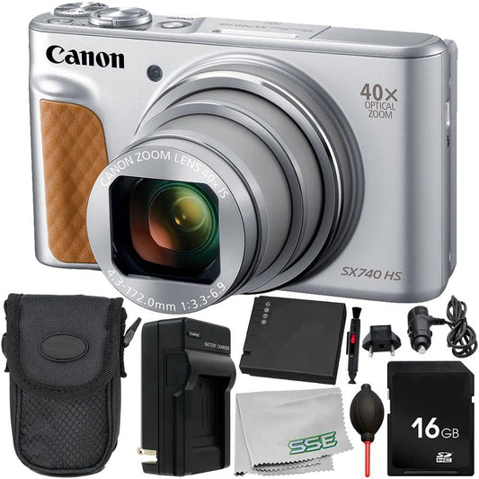 Shop Canon PowerShot SX740 HS Camera Bundle with 40x zoom and 4K video. Includes battery, charger, and accessories. Perfect for travel and vlogging.