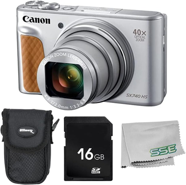 Canon PowerShot SX740 HS Digital Camera (Silver) 4PC Bundle - Includes 16GB SD Memory Card + Point & Shoot Case + Microfiber Cleaning Cloth