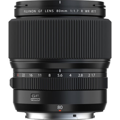 FUJIFILM GF 80mm f/1.7 R WR portrait lens with hood and pouch