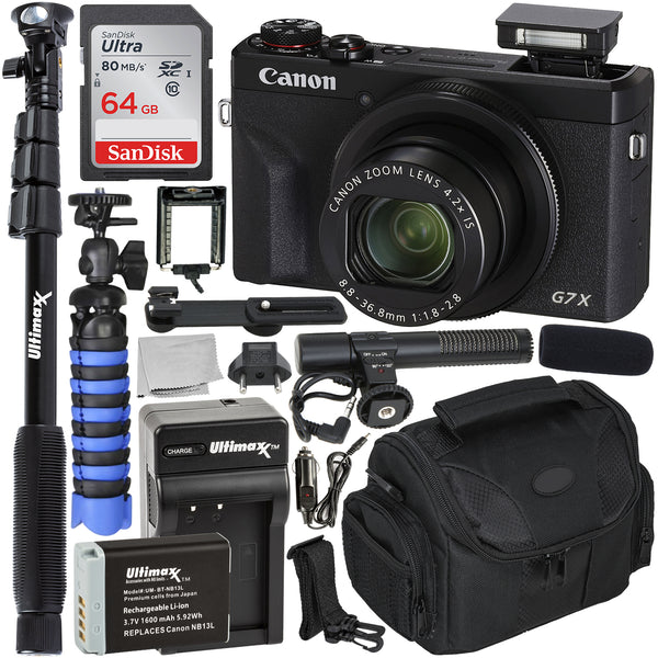 Canon PowerShot G7 X Mark III Digital Camera (Black) and 8PC Video Starter Bundle - Includes: SanDisk Ultra 64GB SDXC Memory Card + Extended Life NB13L Spare Battery + Mini Condenser Microphone + MORE